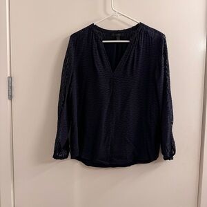 J. Crew Silk Blend Blouse Top Women's Navy Blue Balloon Sleeve V-Neck